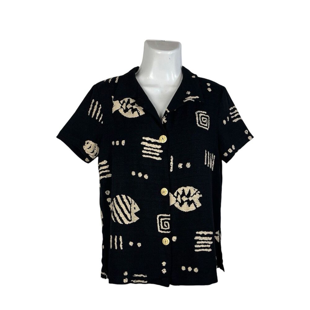 Teddi Button Down Shirt Size 10 Black Cream Tribal Print Short Sleeve Collared